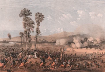 El rey Vittorio Emanuele II liderando tropas durante la batalla de Palestro, Lombardía