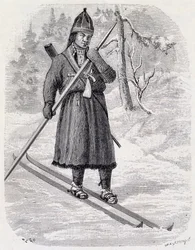 Lars Tuorda, atleta lapón ganando la competencia de esquí de fondo organizada en 1884 por Adolf Erick Nordenskjold, dibujo a tinta china