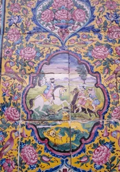 Caza de leones, decoración de azulejos policromados en la fachada de la casa Qavam también conocida como Narenjestan e Ghavam