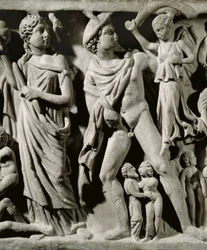 Sarcófago de mármol, relieve que representa el mito de Prometeo, detalle, Hermes y una de las Parcas, de Arles
