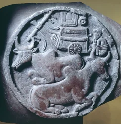 Medallón decorado en relieve de la balaustrada del Stupa de Bharhut, monumento budista, Madhya Pradesh, India, Civilización india, siglo II a.C.