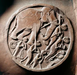 Medallón con monos y elefantes, relieve del Stupa de Bharhut, monumento budista, Madhya Pradesh, India, Civilización india, siglo II a.C.