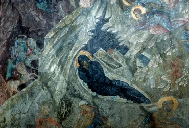 Natividad, fresco en el monasterio de Panagia Perivleptos, ciudad bizantina de Mystras (Lista del Patrimonio Mundial de la UNESCO)