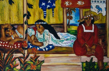 Mujeres polinesias, vitral, Isla Moorea, Islas de la Sociedad, Polinesia Francesa, territorio de ultramar de la República Francesa
