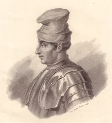 Retrato del jefe militar italiano Niccolò Fortebraccio, también conocido como della Stella (1389-1435), grabado en cobre de Caterina Piotti-Pirola