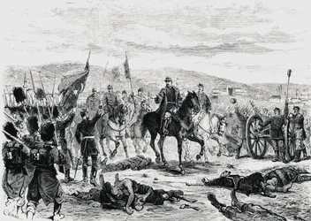 El príncipe Carol de Rumania inspeccionando las tropas después de la cuarta batalla de Pleven, guerra ruso-turca