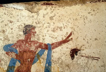 Procesión con atleta, detalle, fresco de la Tumba del Buceador, Paestum, Campania, Italia, civilización griega antigua, Magna Grecia, siglo III a.C. (foto)