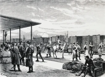Convoy militar ruso en la estación de Bustiu, en el ferrocarril Bucarest-Galati, guerra ruso-turca, grabado, Rumanía