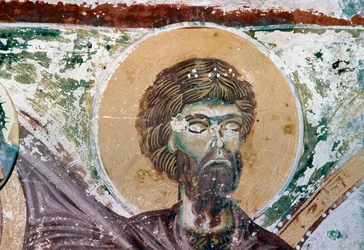Santo, detalle del fresco en la Iglesia de Agios Georgios, Mourne, Creta, Grecia