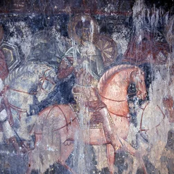 Santo a caballo, fresco en iglesia en Palaia Roumata, Creta, Grecia