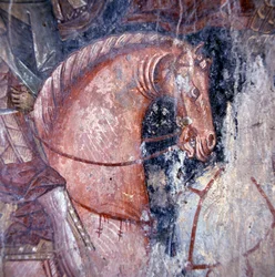 Santo a caballo, fresco en iglesia en Palaia Roumata, Creta, Grecia (detalle)
