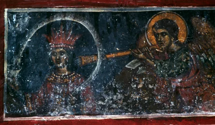 Santo tocando el cuerno, fresco en la Iglesia de Agios Ioannis Prodromos, Margarites, Creta, Grecia