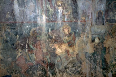 Santos a caballo, fresco en la iglesia bizantina de Agios Athanasios, Kefali, Creta, Grecia