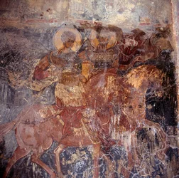 Santos a caballo, fresco en iglesia, Komitates, Creta, Grecia