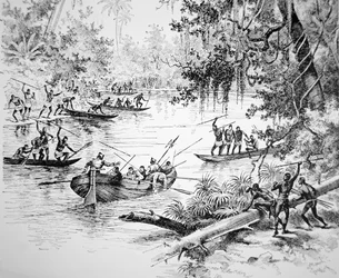 Conquistadores españoles atacados por nativos en Sudamérica