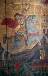 San Jorge y el Dragón, (detalle) de panel de madera en la iglesia de Agia Paraskevi, Anisaraki, Creta, Grecia