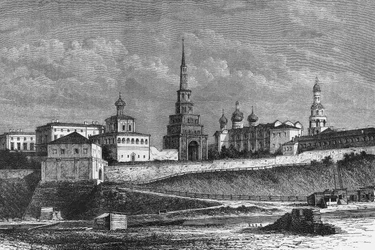 El Kremlin de Kazán, dibujo de de Bar a partir de una fotografía, grabado, Rusia