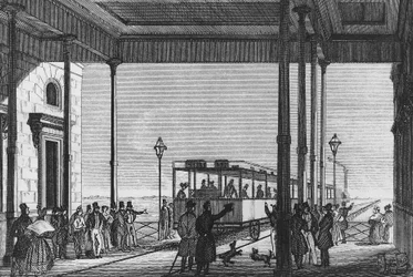 Tren saliendo de la estación de tren Venezia Santa Lucia, Venecia, Italia, grabado