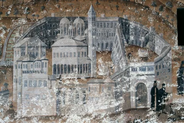 Vista del monasterio, fresco en el monasterio de Ikosifinissis, cerca de Serres, Grecia