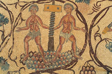 Prensa de vino, detalle de mosaico de piso con escenas de la vida cotidiana, Iglesia de los Santos Lot y Procopio, Nebo, Khirbet al-Mukhayyat, Jordania, civilización bizantina, siglo VI d.C.