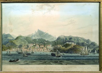 Vista de la Ciudad de San Jorge y Richmond Heights en la isla de Granada, grabado por William Daniell, c.1810
