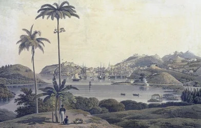 Vista de la ciudad de San Jorge en la isla de Granada, tomada desde la finca Belmont, grabado por William Daniell, c.1810
