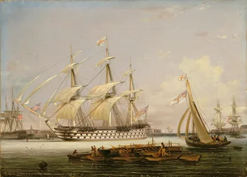 Un barco de tres cubiertas entrando en el puerto de Portsmouth, 1836
