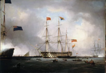 Visita de la Reina Victoria I del Reino Unido (1819-1901) al HMS "Queen", en Portsmouth (Inglaterra), el 1 de marzo.