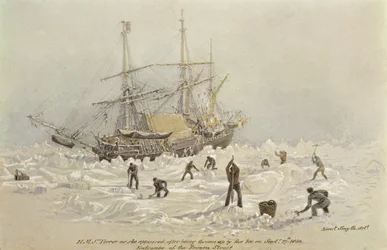 Incidentes en un viaje comercial: HMS Terror como apareció después de ser arrojado por el hielo en el Canal Congelado, 27 de septiembre de 1836