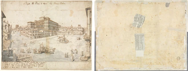 Dieciocho vistas de Roma: La Piazza Barberini (recto); Trazado de una fuente del recto y bocetos de dos caras (verso)