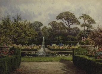 El jardín del estanque de lirios con un estanque circular y una fuente de querubín