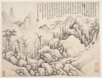 Retiro en la montaña, hoja del Álbum para Zhou Lianggong, fechable en 1654-55 (hoja de un álbum colectivo de muchas hojas; tinta y color sobre papel)