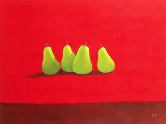 Peras sobre tela roja