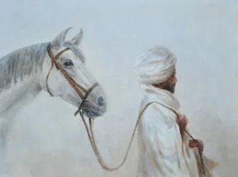 Rabari guiando caballo gris