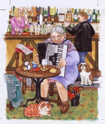 La abuela y un gato y un acordeón (acuarela sobre papel)