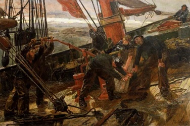 Escena en la cubierta de una goleta atrapada en una tormenta, un drama marino, todos los marineros y la esposa del capitán están reunidos para activar la bomba y tirar de las velas y las cuerdas