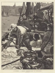 Descargando un barco de arenques francés en Boulogne