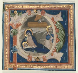 Inicial historiada P excisa de un gradual: La Natividad, c. 1350-1375