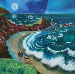 Paseantes en la bahía de Hartland, 2019 (acrílicos sobre papel)