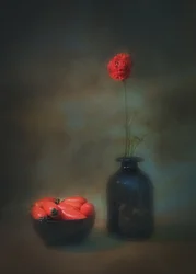Naturaleza muerta con flores rojas