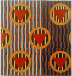 Triángulos rojos en círculos. Diseño de una tela para muebles