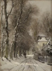 Un camino nevado en invierno (óleo sobre tabla)