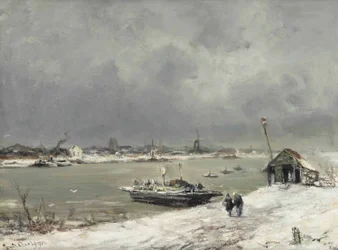 Un cruce de ferry cerca de Wijk bij Duurstede en invierno