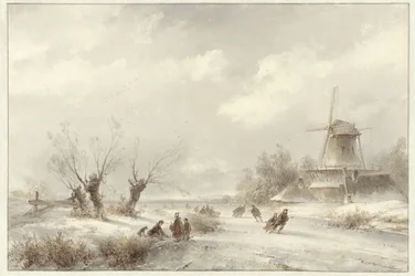 Paisaje invernal con patinadores sobre hielo cerca de un molino