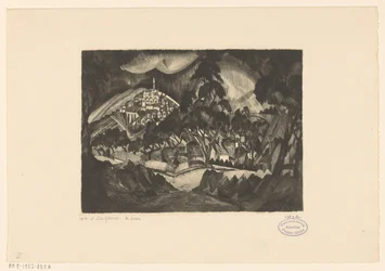 Paisaje montañoso con árboles y edificios. Le Soir (título original del objeto)