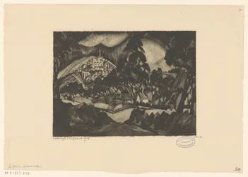 Paisaje montañoso con árboles y edificios. Le Soir (título original del objeto)