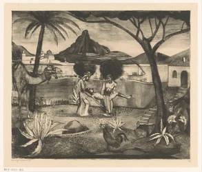 Dos hombres cargando a un hombre en un jardín