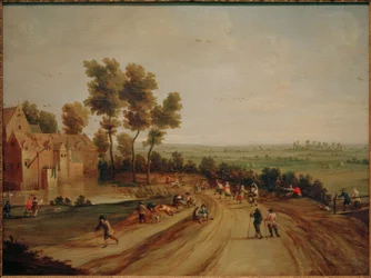 Paisaje con campesinos bailando y descansando
