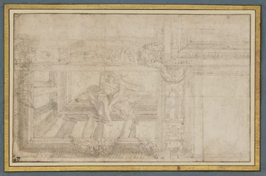 Ignudo, según un fresco en el techo de la Sala di Ulisse, Palazzo Poggi, Bolonia