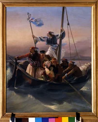 Griegos en un barco. Alegoría de Grecia avanzando hacia la independencia tras la dominación otomana y la Guerra de Independencia griega (1821-1830), o Revolución griega. 1848, Verona